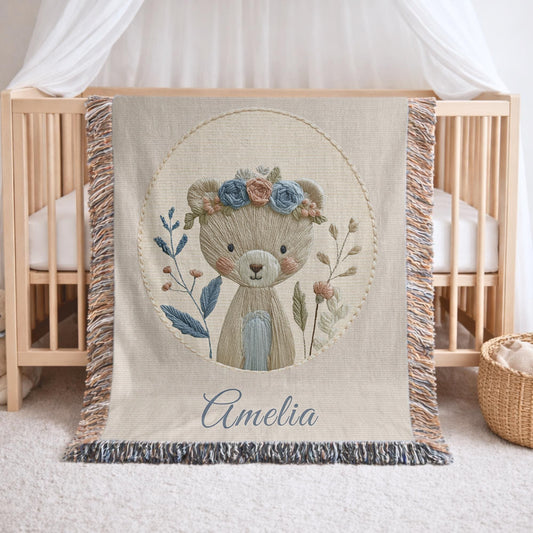 Personalized Bear woven cotton baby blanket with a calm floral bear design. Neutral nursery decor and a timeless heirloom newborn gift