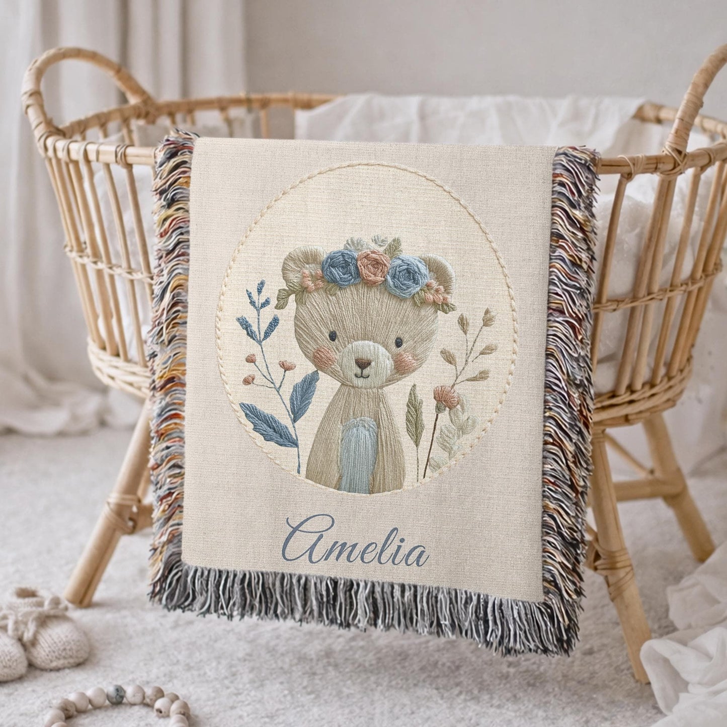 Personalized Bear woven cotton baby blanket with a calm floral bear design. Neutral nursery decor and a timeless heirloom newborn gift