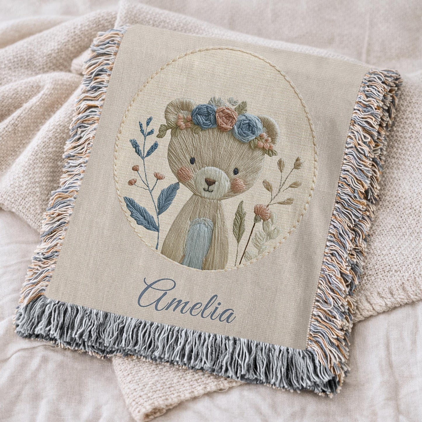 Personalized Bear woven cotton baby blanket with a calm floral bear design. Neutral nursery decor and a timeless heirloom newborn gift