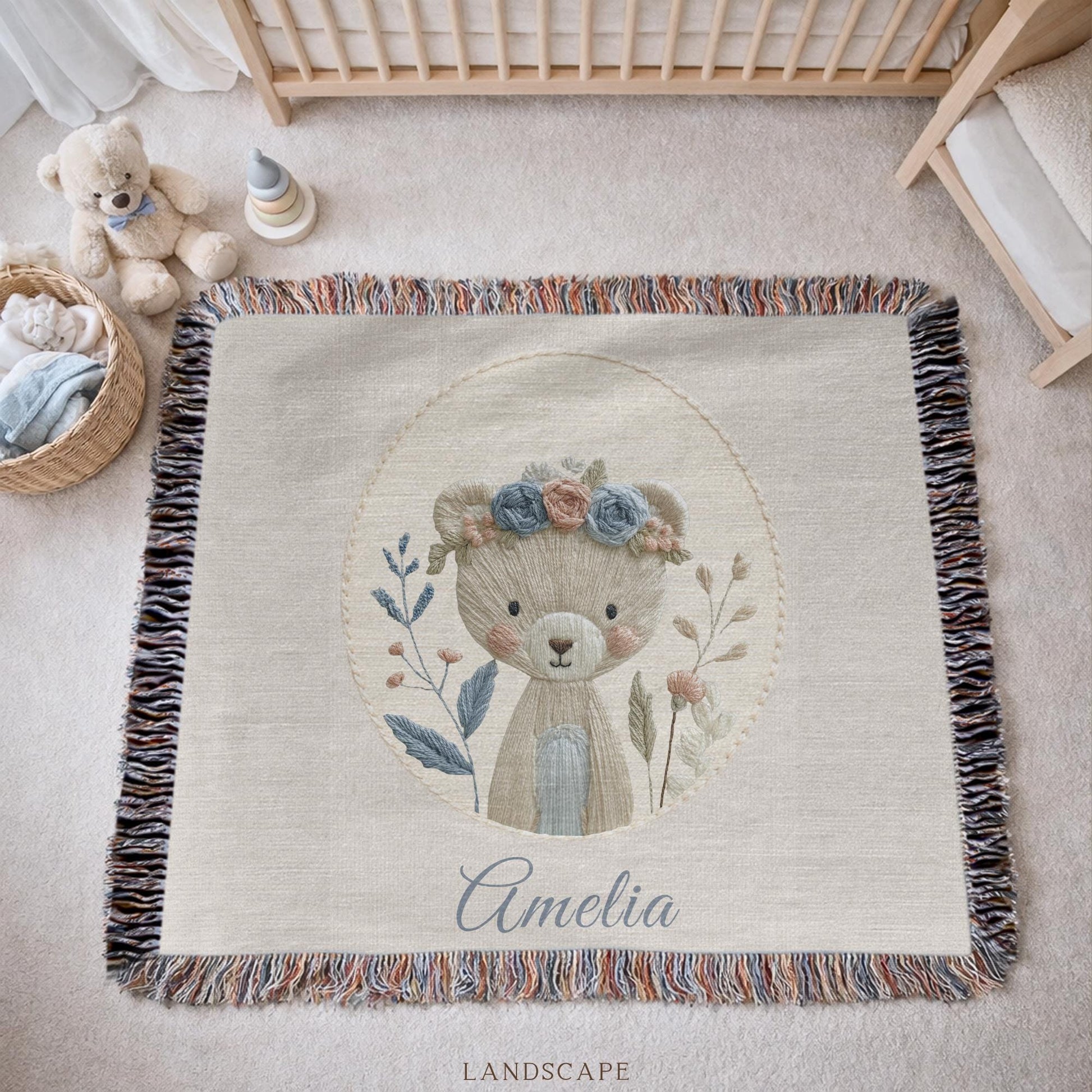 Personalized Bear woven cotton baby blanket with a calm floral bear design. Neutral nursery decor and a timeless heirloom newborn gift
