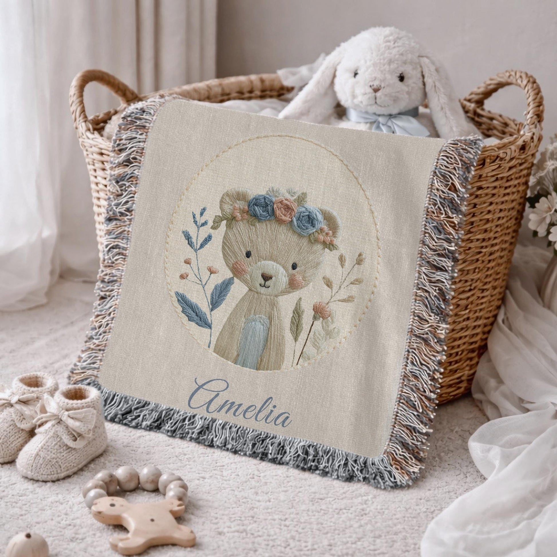 Personalized Bear woven cotton baby blanket with a calm floral bear design. Neutral nursery decor and a timeless heirloom newborn gift