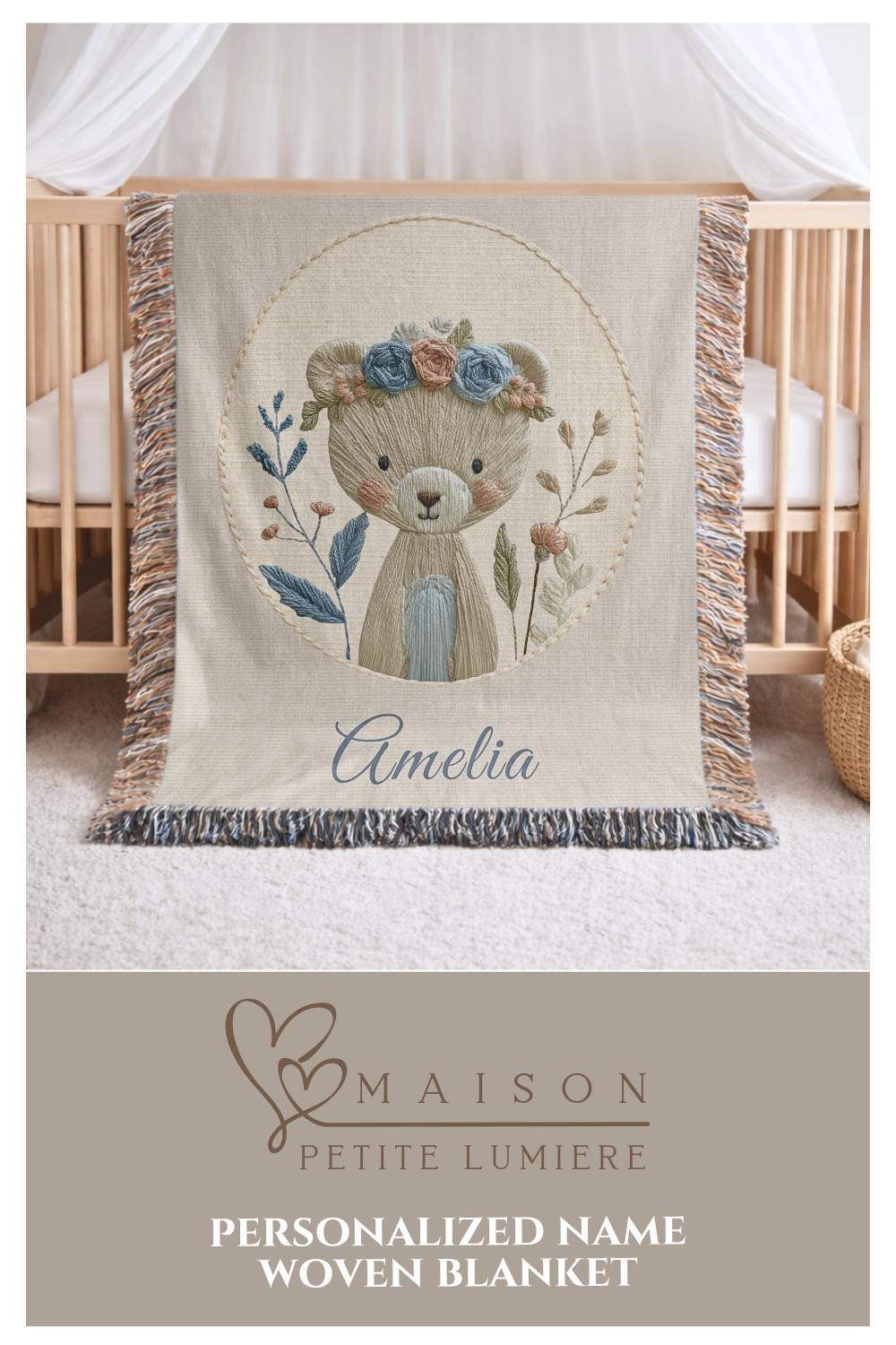 Personalized Bear woven cotton baby blanket with a calm floral bear design. Neutral nursery decor and a timeless heirloom newborn gift