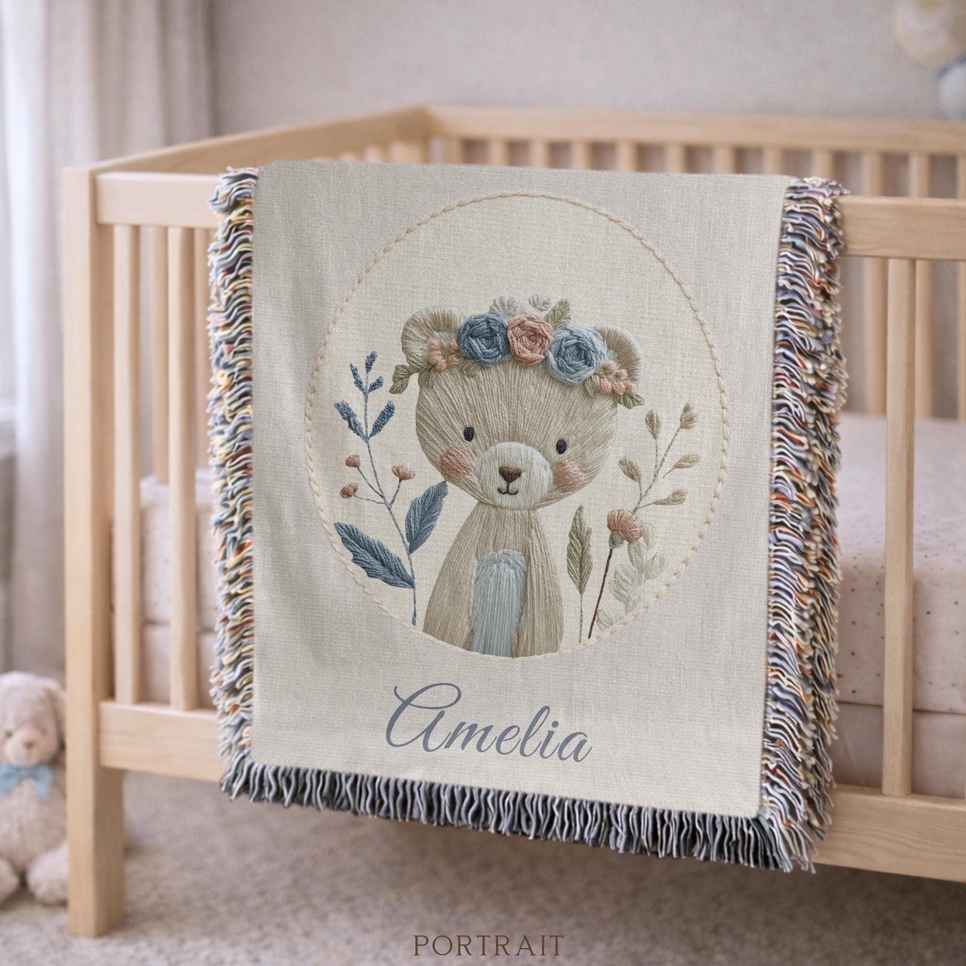 Personalized Bear woven cotton baby blanket with a calm floral bear design. Neutral nursery decor and a timeless heirloom newborn gift
