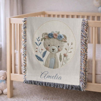 Personalized Bear woven cotton baby blanket with a calm floral bear design. Neutral nursery decor and a timeless heirloom newborn gift
