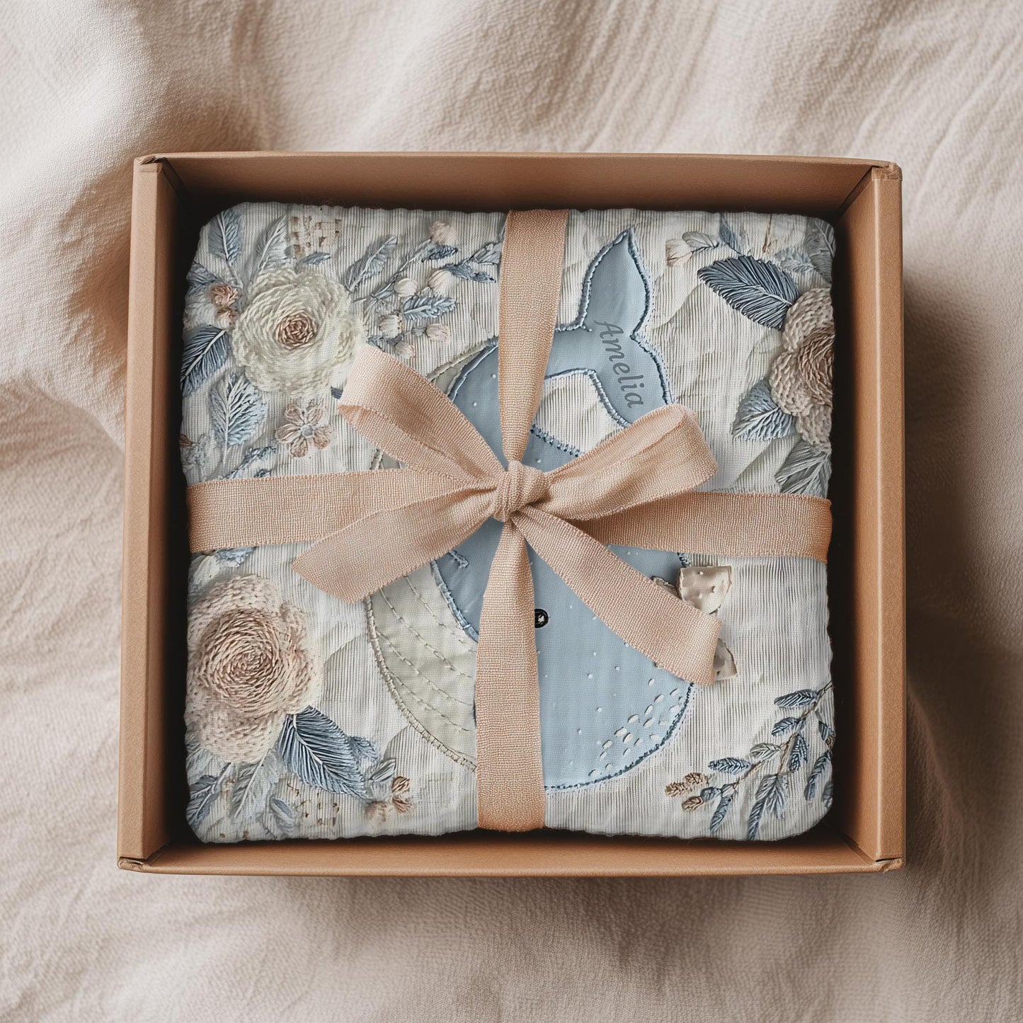 This embroidered look baby blanket features a gentle whale with a delicate bow, surrounded by soft floral elements in calming blue, cream, and natural tones.