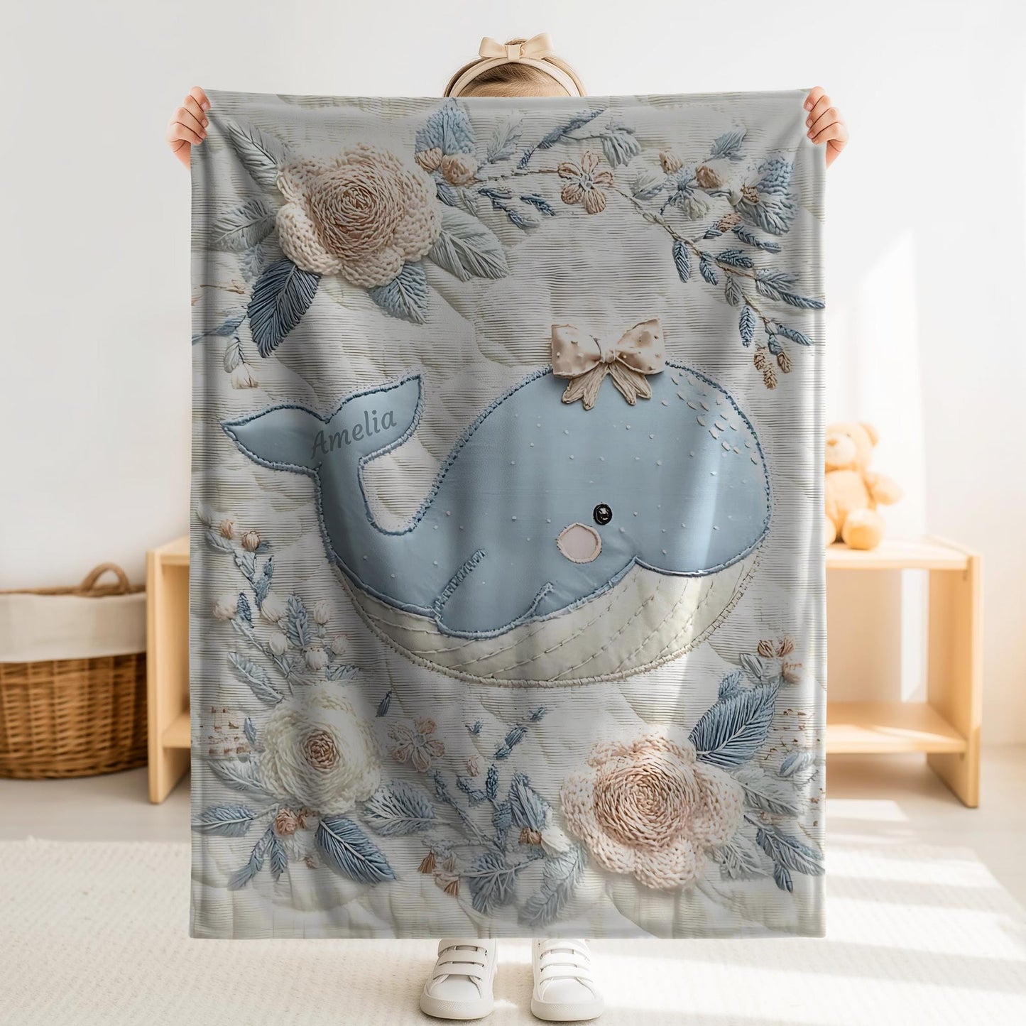 This embroidered look baby blanket features a gentle whale with a delicate bow, surrounded by soft floral elements in calming blue, cream, and natural tones.