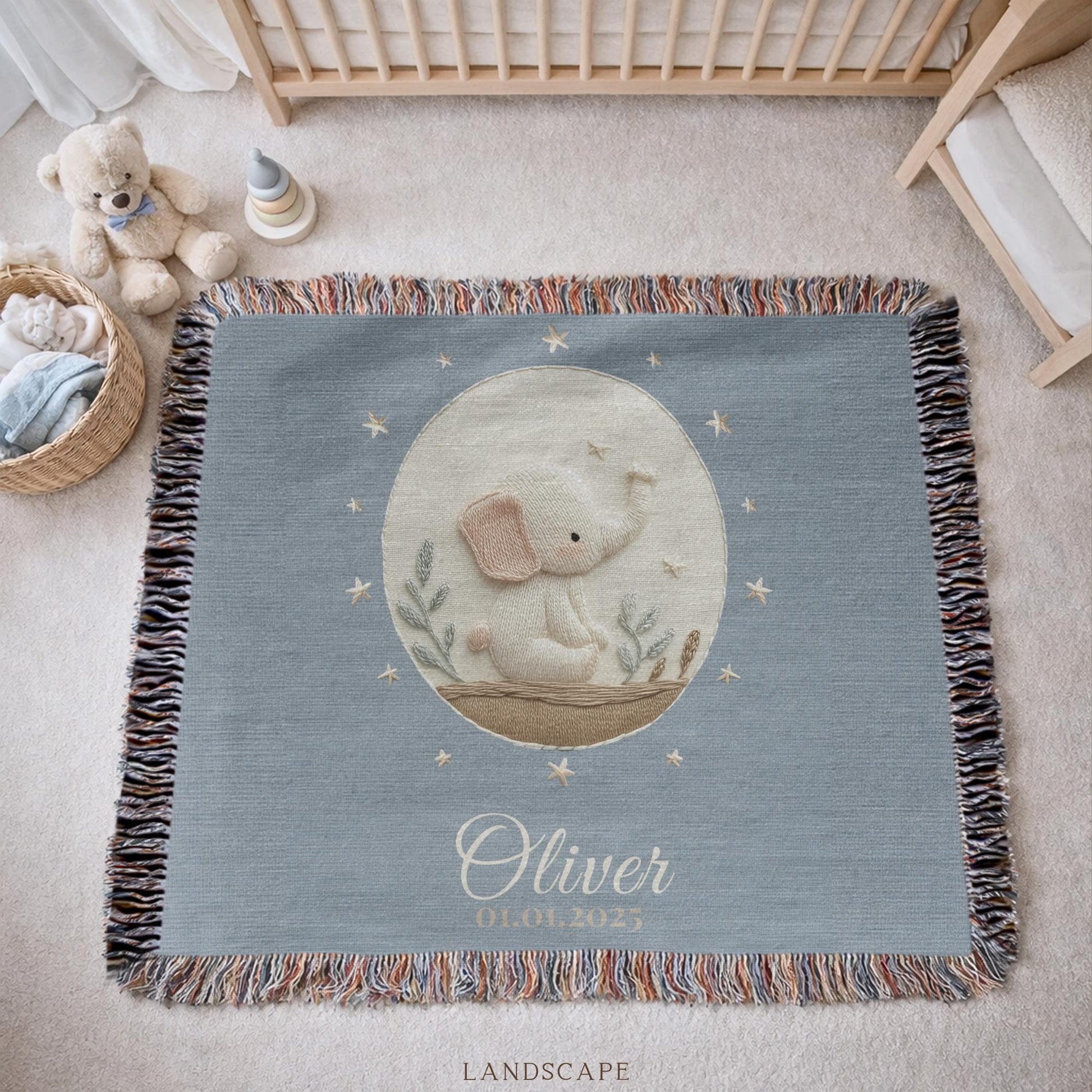 Personalized woven cotton baby blanket featuring a calm elephant under the moon. Embroidered-look design, custom name & birth date — timeless nursery decor.