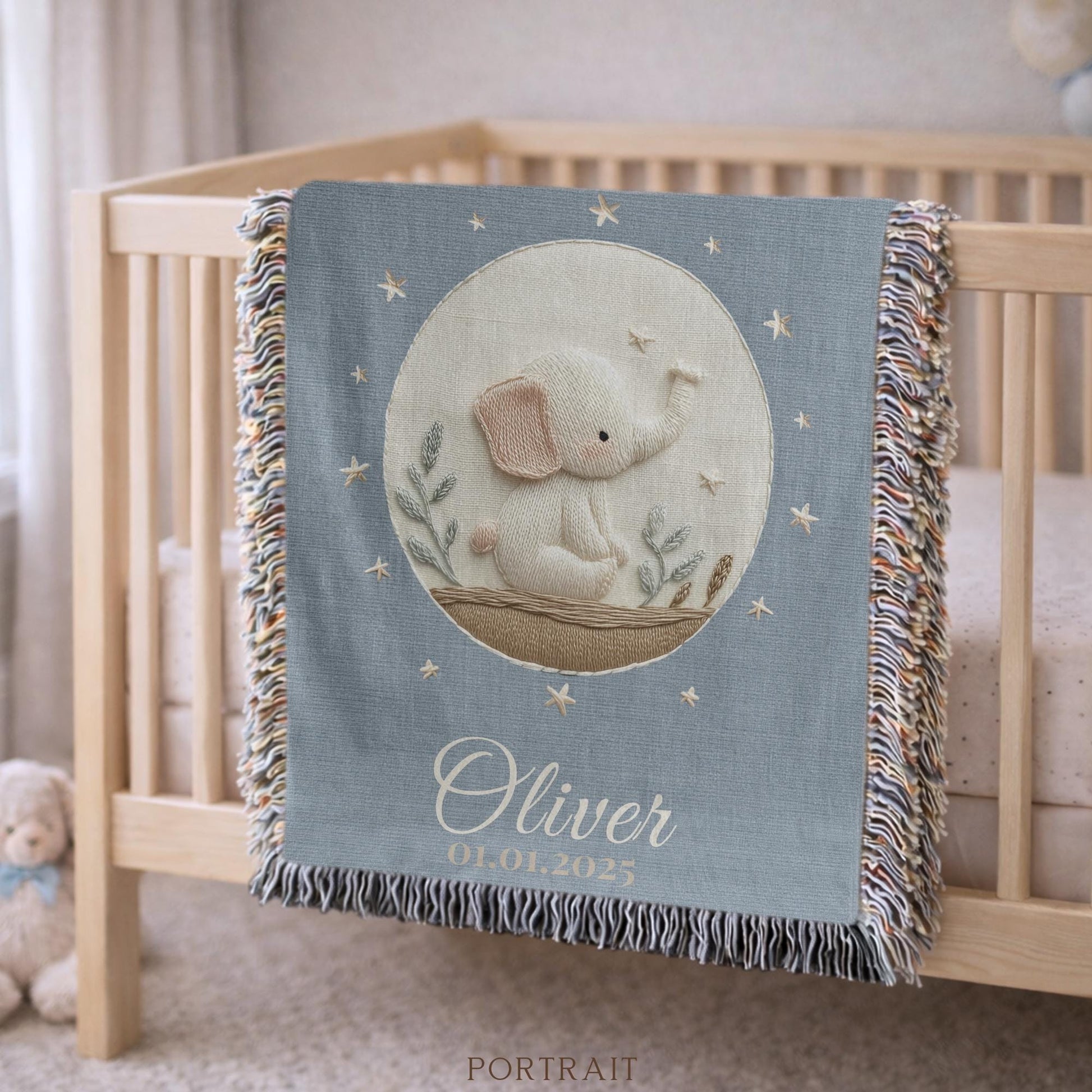 Personalized woven cotton baby blanket featuring a calm elephant under the moon. Embroidered-look design, custom name & birth date — timeless nursery decor.