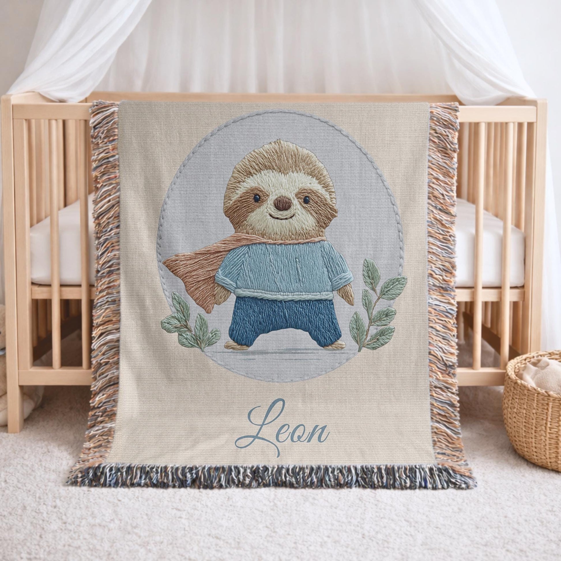 Personalized woven cotton baby blanket featuring a cute superhero sloth. Embroidered-look design, custom name, timeless nursery decor.