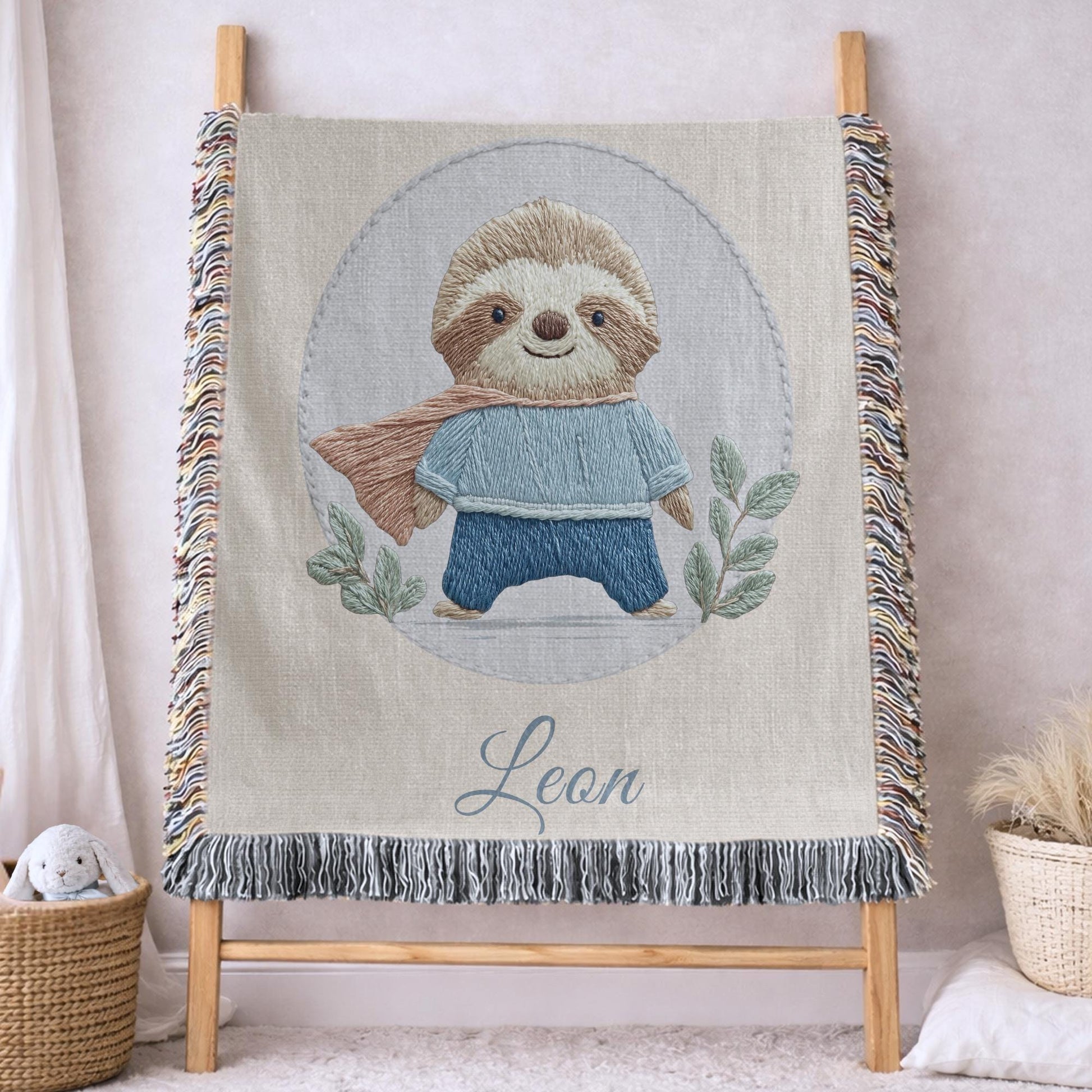 Personalized woven cotton baby blanket featuring a cute superhero sloth. Embroidered-look design, custom name, timeless nursery decor.