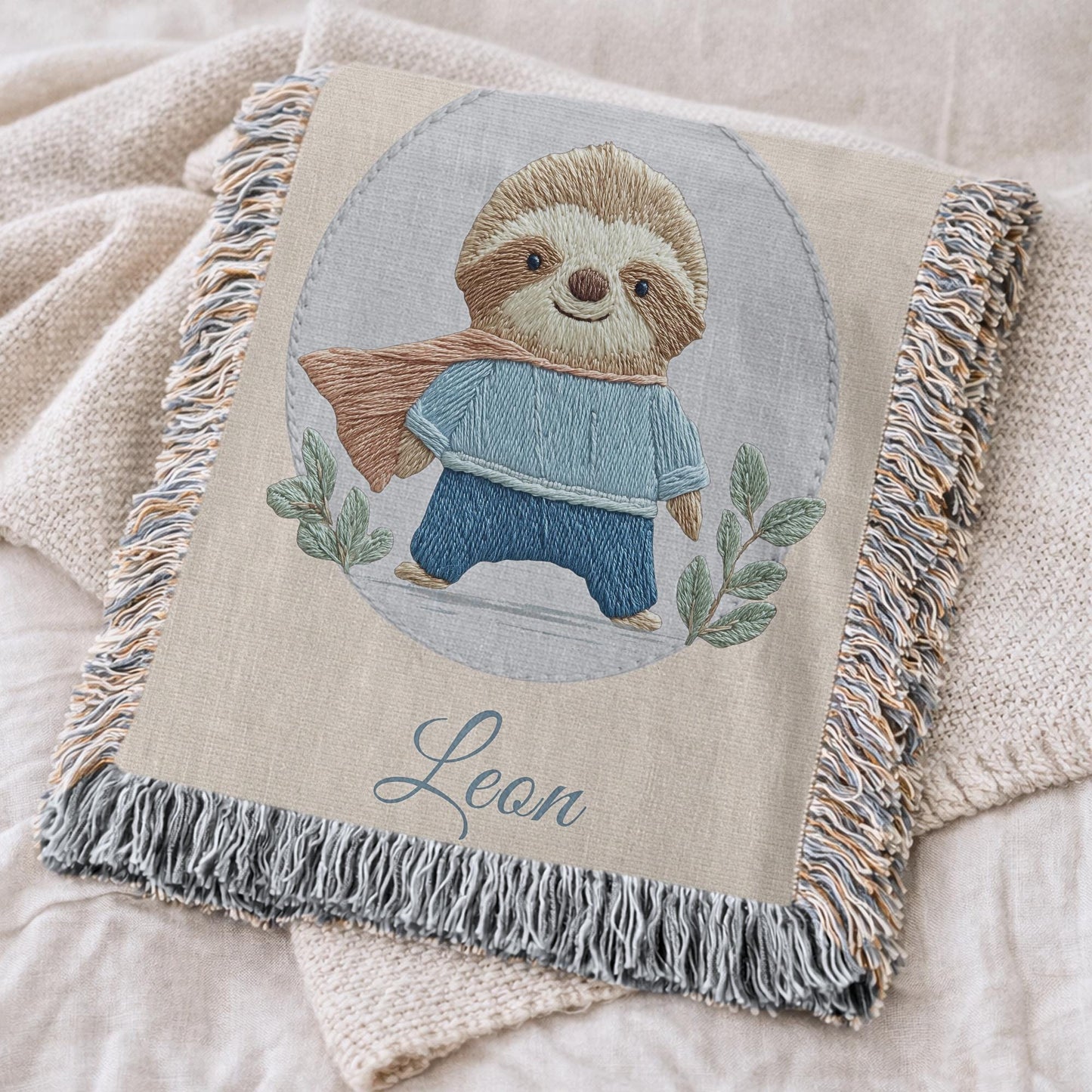 Personalized woven cotton baby blanket featuring a cute superhero sloth. Embroidered-look design, custom name, timeless nursery decor.