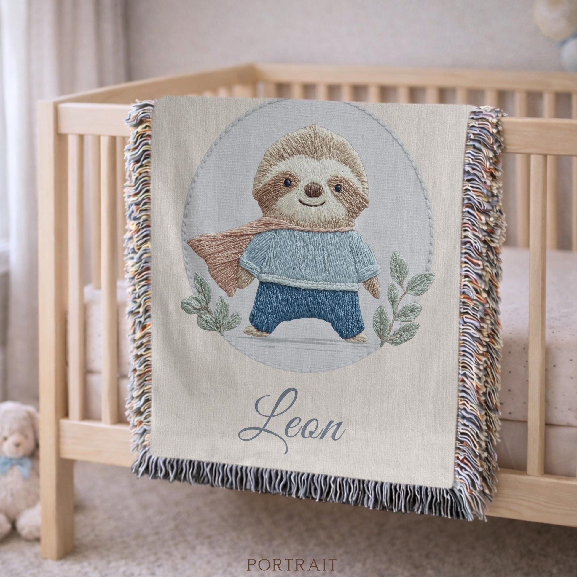 Personalized woven cotton baby blanket featuring a cute superhero sloth. Embroidered-look design, custom name, timeless nursery decor.