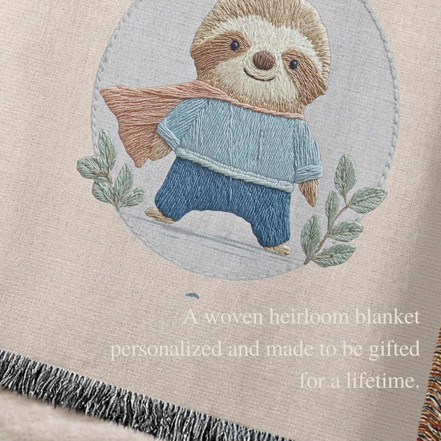 Personalized woven cotton baby blanket featuring a cute superhero sloth. Embroidered-look design, custom name, timeless nursery decor.