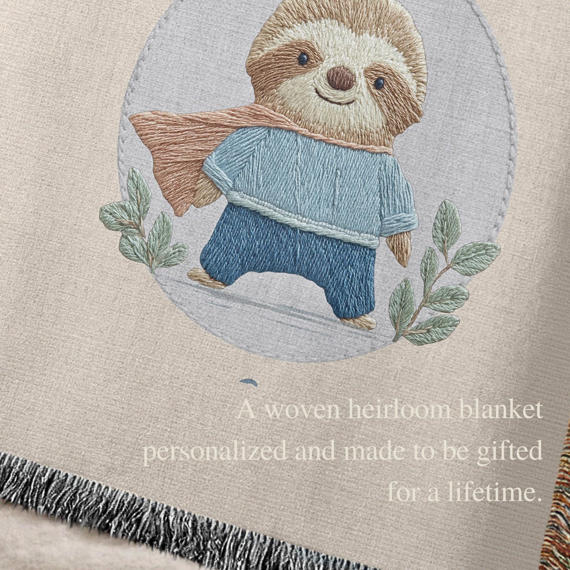 Personalized woven cotton baby blanket featuring a cute superhero sloth. Embroidered-look design, custom name, timeless nursery decor.