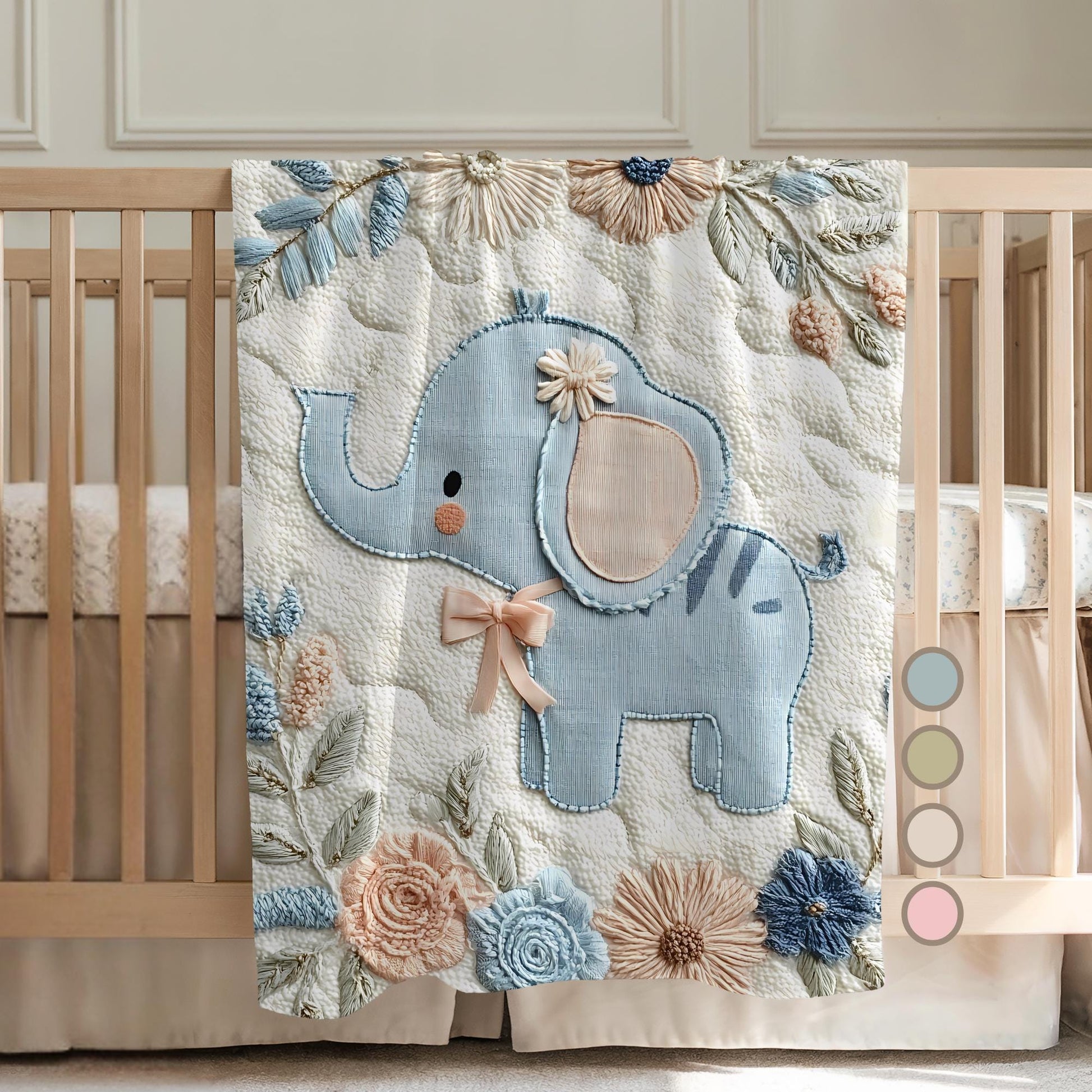 Soft embroidered-look elephant baby blanket with pastel florals. Neutral tones, cozy fabric — a boutique newborn gift for calm, modern nursery decor.