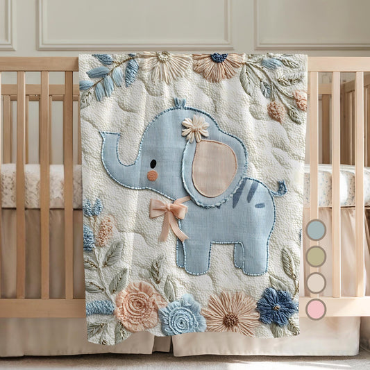 Soft embroidered-look elephant baby blanket with pastel florals. Neutral tones, cozy fabric — a boutique newborn gift for calm, modern nursery decor.