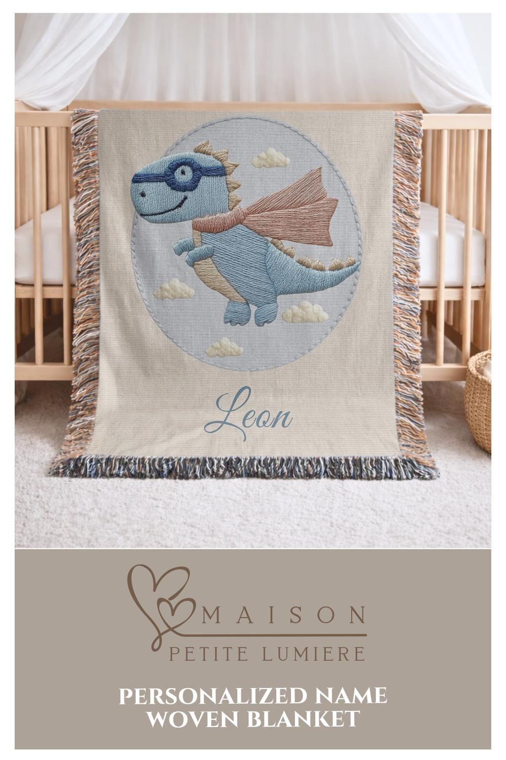 Personalized dinosaur woven baby blanket in 100% cotton. Embroidered-look superhero dino design, custom name keepsake for nursery decor.