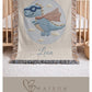 Personalized dinosaur woven baby blanket in 100% cotton. Embroidered-look superhero dino design, custom name keepsake for nursery decor.
