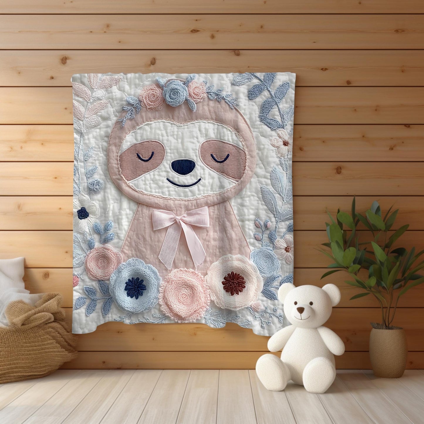 Embroidered Look Baby Blanket • Sloth Floral • Neutral Nursery Decor • Soft Newborn Blanket • Boutique Baby Gift