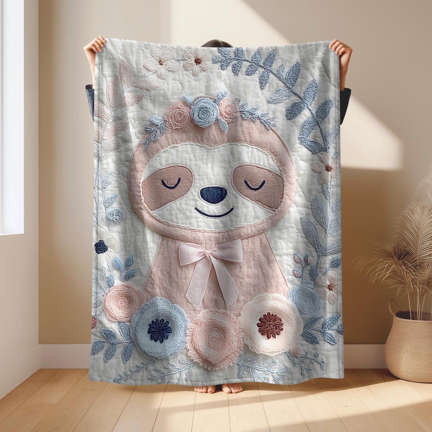 Embroidered Look Baby Blanket • Sloth Floral • Neutral Nursery Decor • Soft Newborn Blanket • Boutique Baby Gift