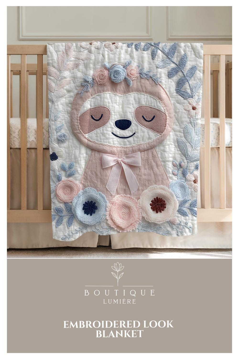 Embroidered Look Baby Blanket • Sloth Floral • Neutral Nursery Decor • Soft Newborn Blanket • Boutique Baby Gift