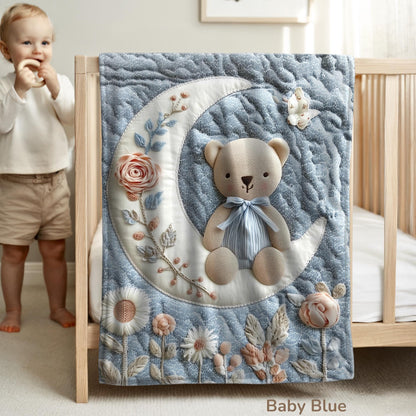 Soft embroidered-look teddy bear baby blanket with pastel florals. Neutral tones, cozy fabric — a boutique newborn gift for calm, modern nursery decor.