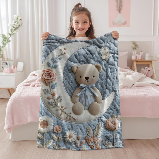 Embroidered Look Baby Blanket • Teddy Bear with Floral Moon • Soft Cozy Blanket • Neutral Nursery Decor • Baby Shower Gift