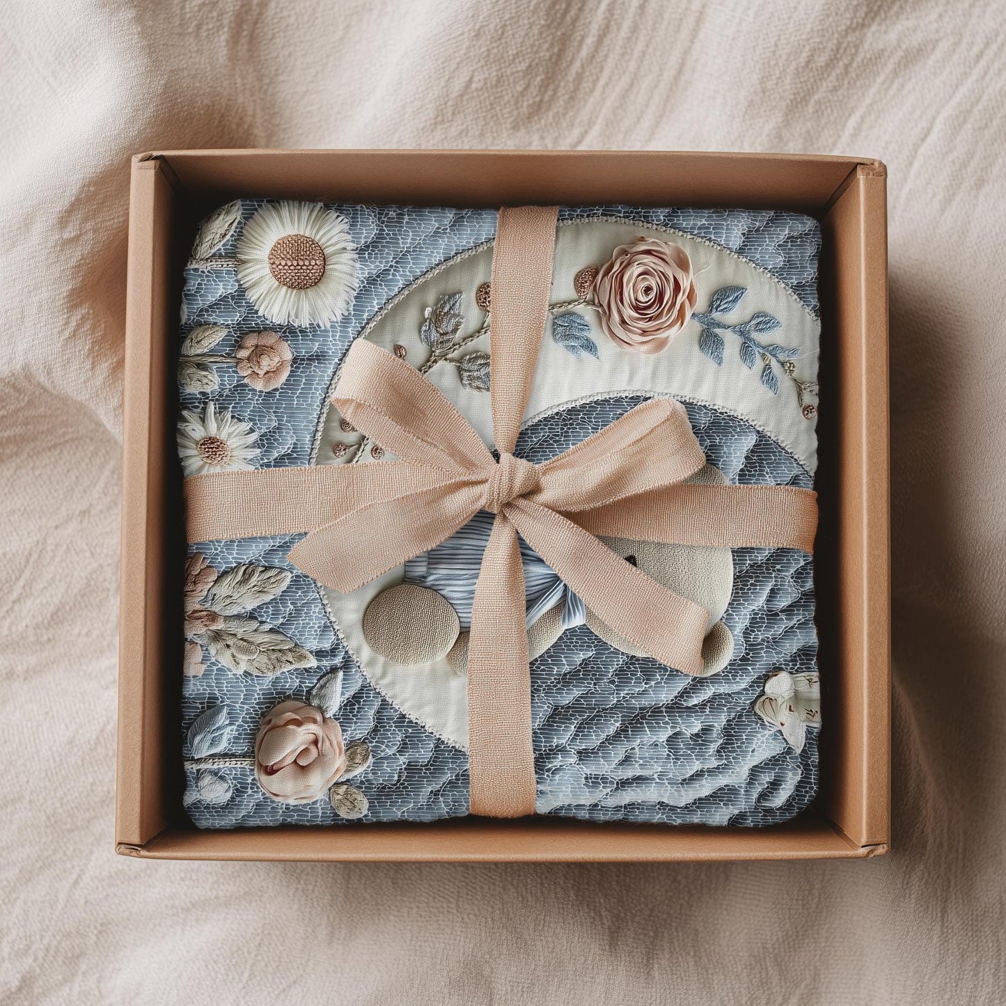 Soft embroidered-look teddy bear baby blanket with pastel florals. Neutral tones, cozy fabric — a boutique newborn gift for calm, modern nursery decor.