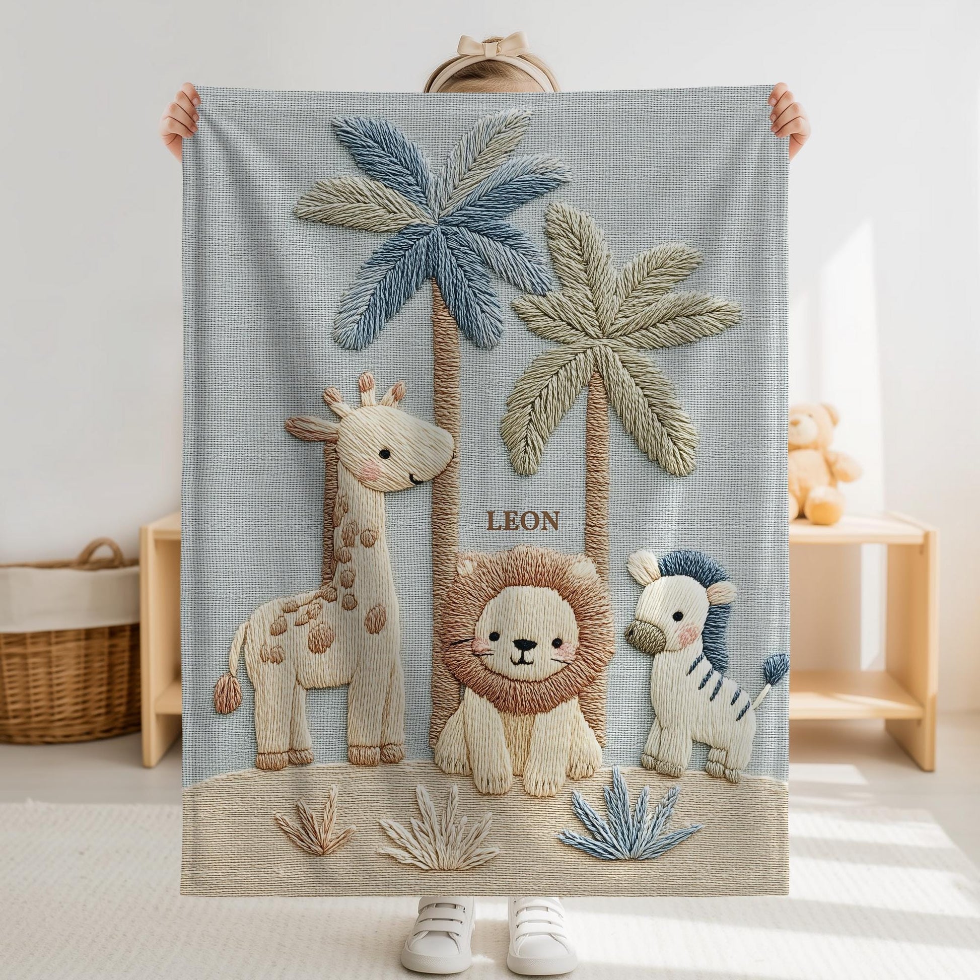 Personalized safari baby blanket with name featuring calm animal embroidered-look design in neutral tones. Timeless nursery decor and a thoughtful newborn gift.