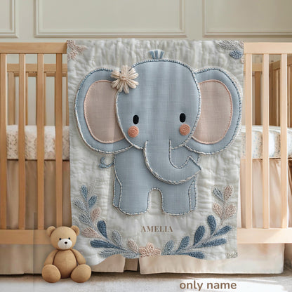 Soft embroidered-look baby blanket featuring a calm pastel elephant in a timeless quilted style. Designed to celebrate a baby’s first birthday or to create a meaningful personalized keepsake, this blanket blends gentle nursery aesthetics with a boutique embroidered appearance.