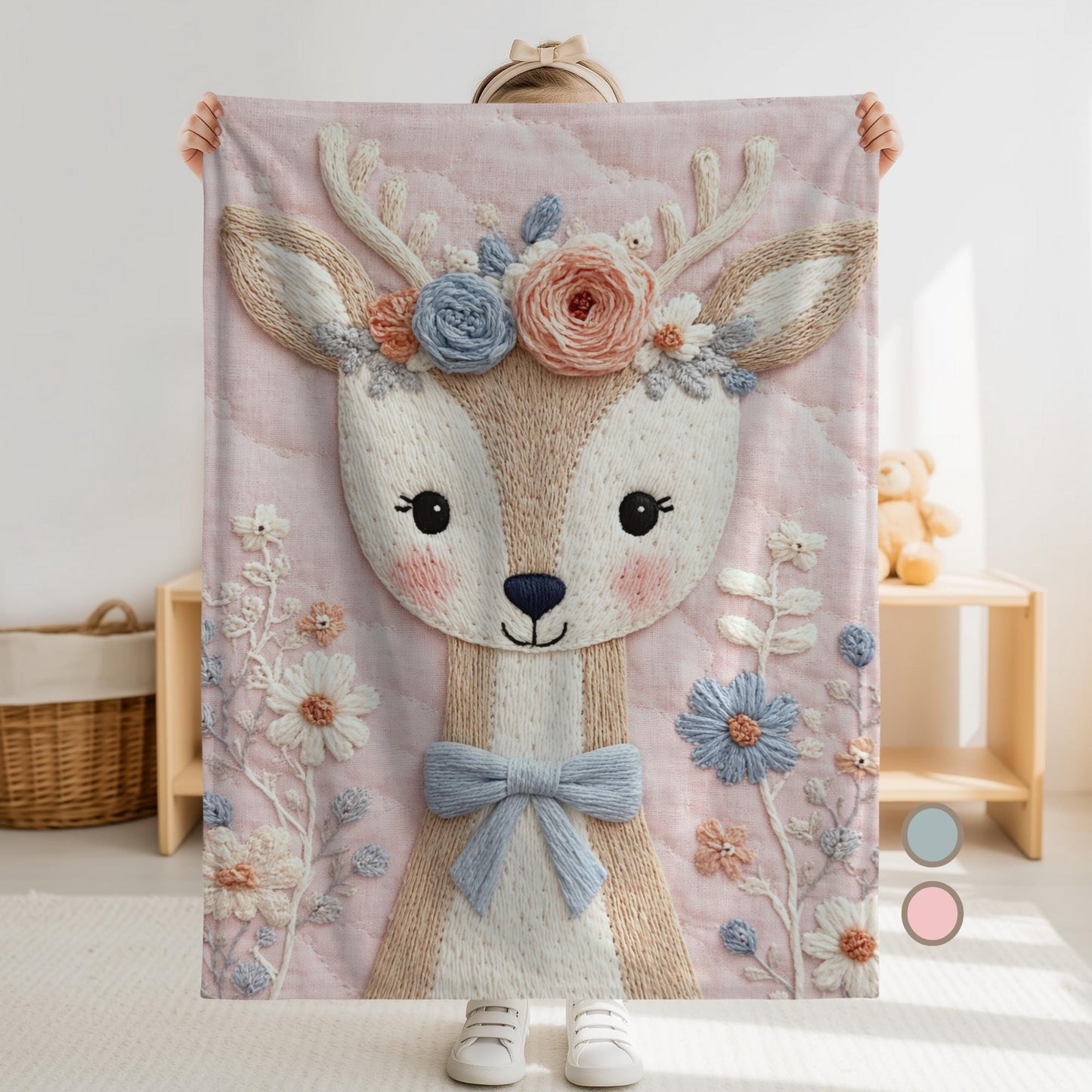 Soft embroidered-look deer baby blanket with pastel florals. Neutral tones, cozy fabric — a boutique newborn gift for calm, modern nursery decor.