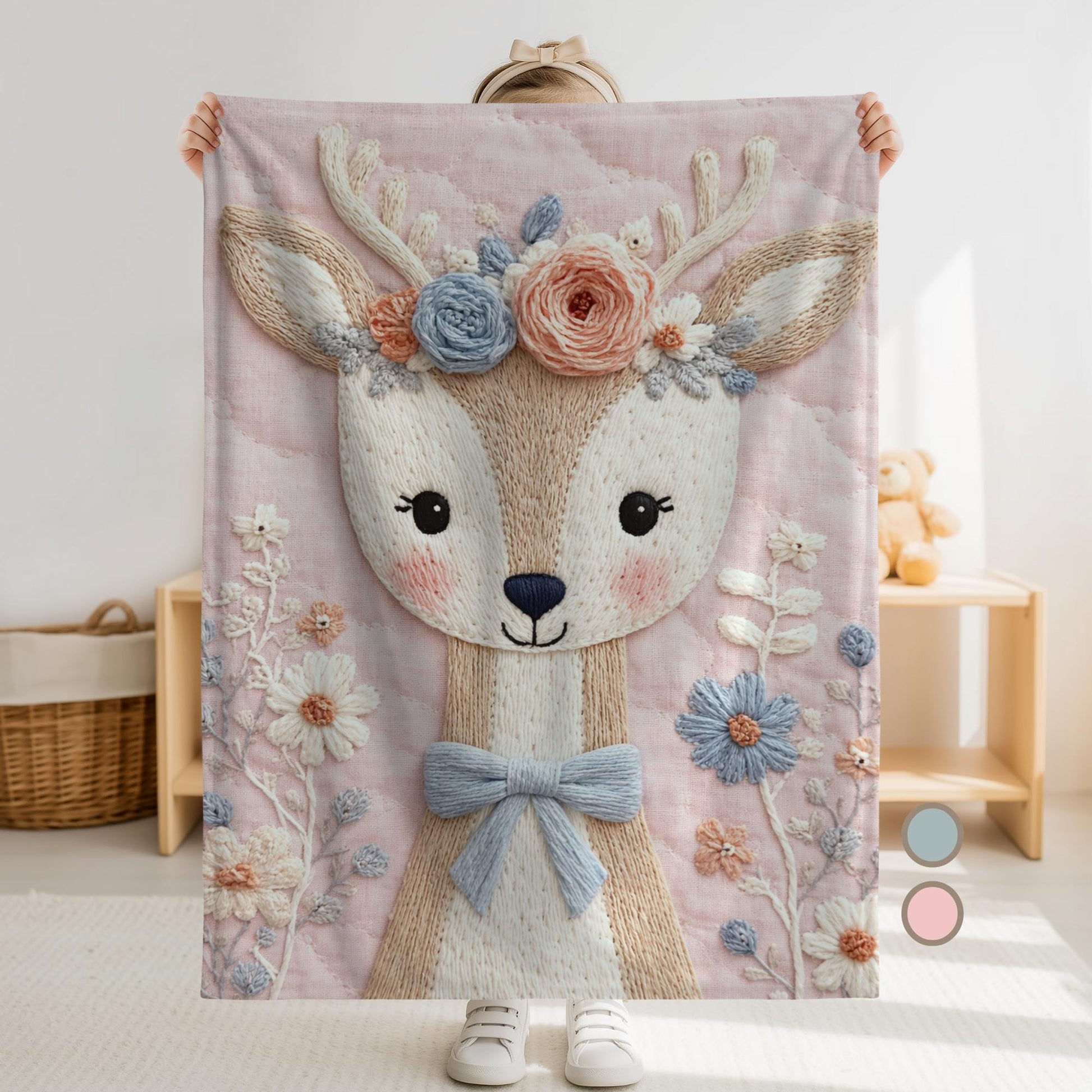 Soft embroidered-look deer baby blanket with pastel florals. Neutral tones, cozy fabric — a boutique newborn gift for calm, modern nursery decor.