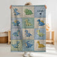 Personalized patchwork look baby blanket with cute dinosaurs in a soft quilt-style design. Neutral nursery colors with custom name panel.