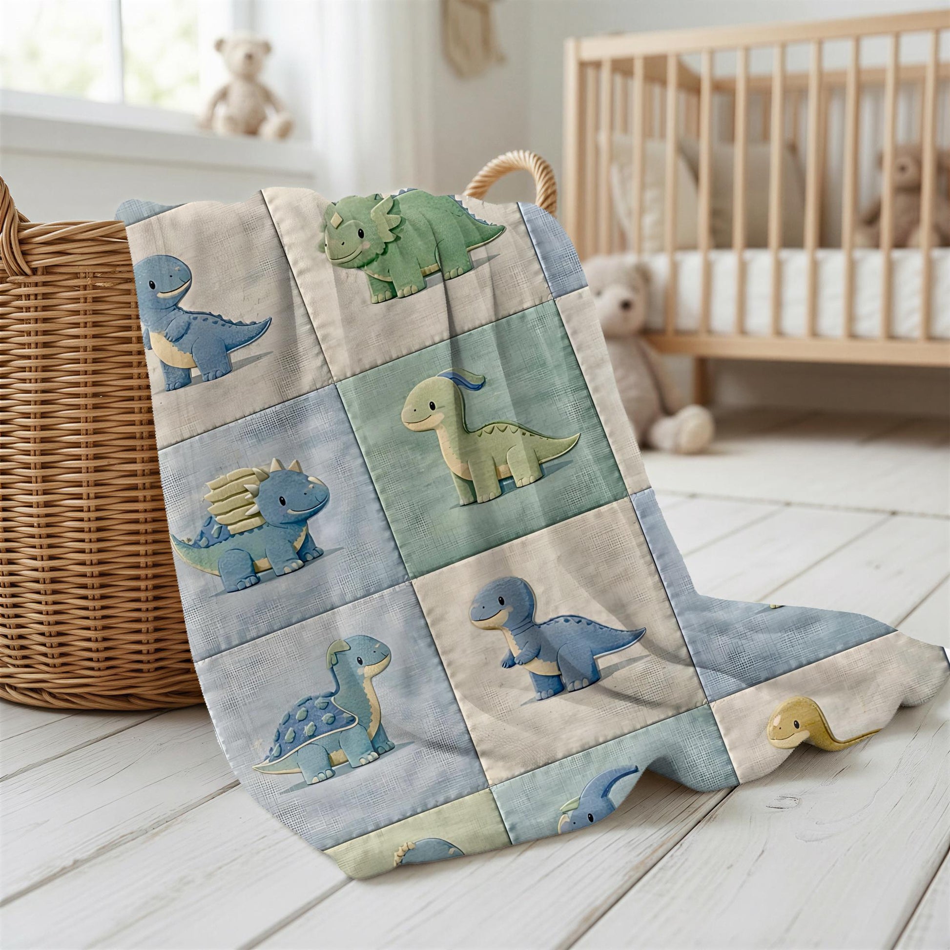 Personalized patchwork look baby blanket with cute dinosaurs in a soft quilt-style design. Neutral nursery colors with custom name panel.