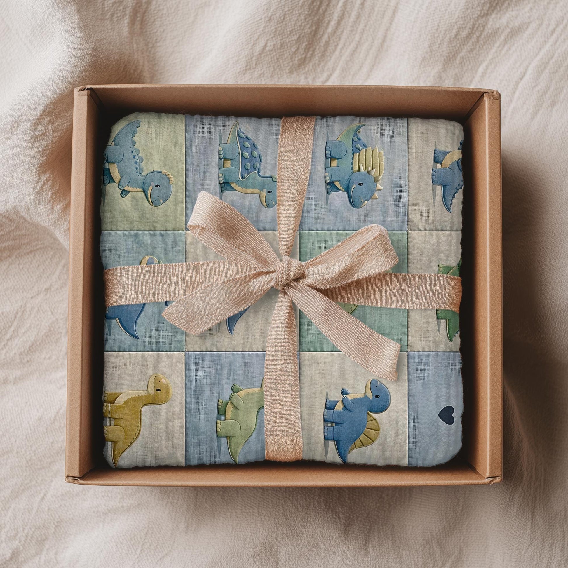 Personalized patchwork look baby blanket with cute dinosaurs in a soft quilt-style design. Neutral nursery colors with custom name panel.