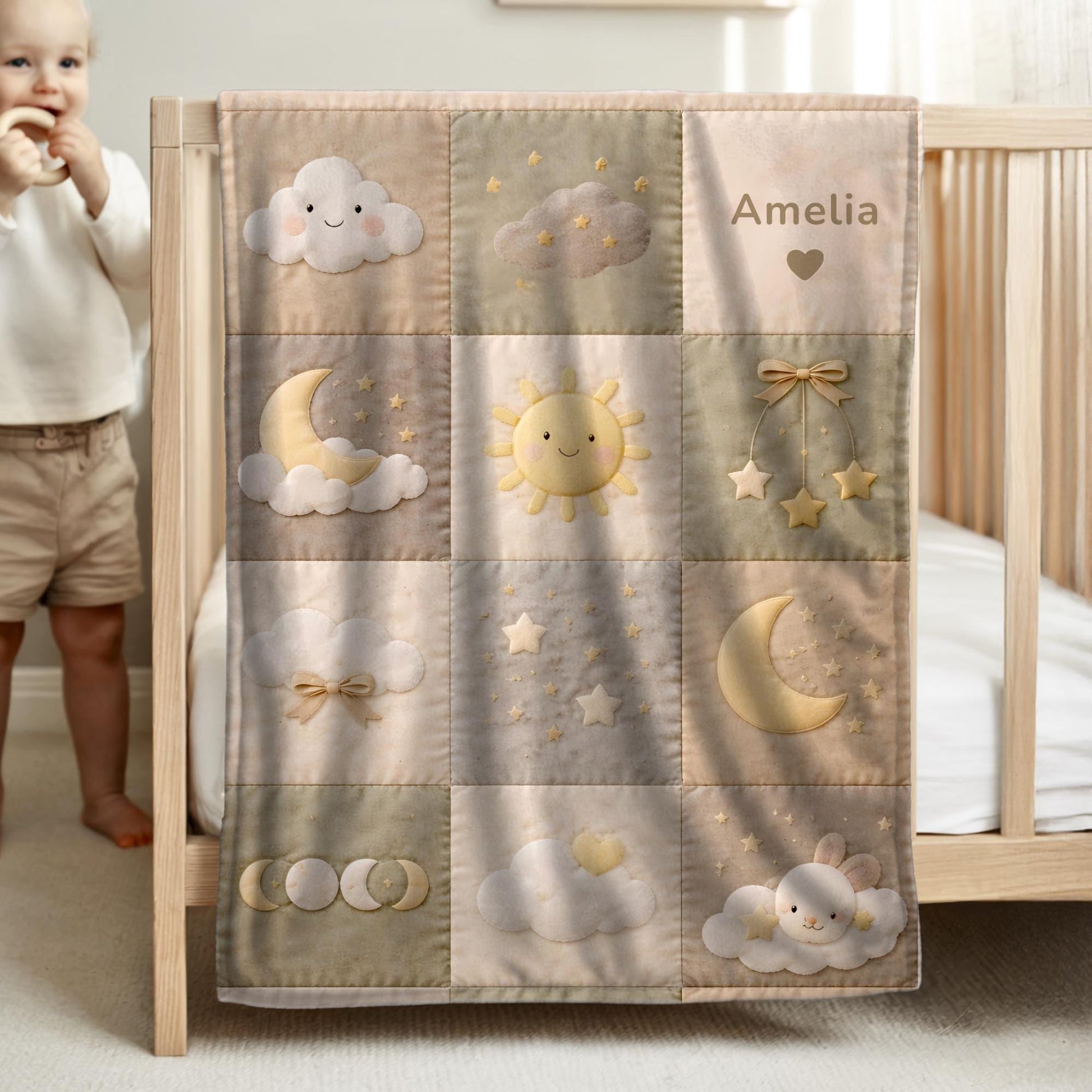 Personalized patchwork look baby blanket with clouds, sun, moon and stars in a soft quilt-style design. Neutral nursery colors with custom name.