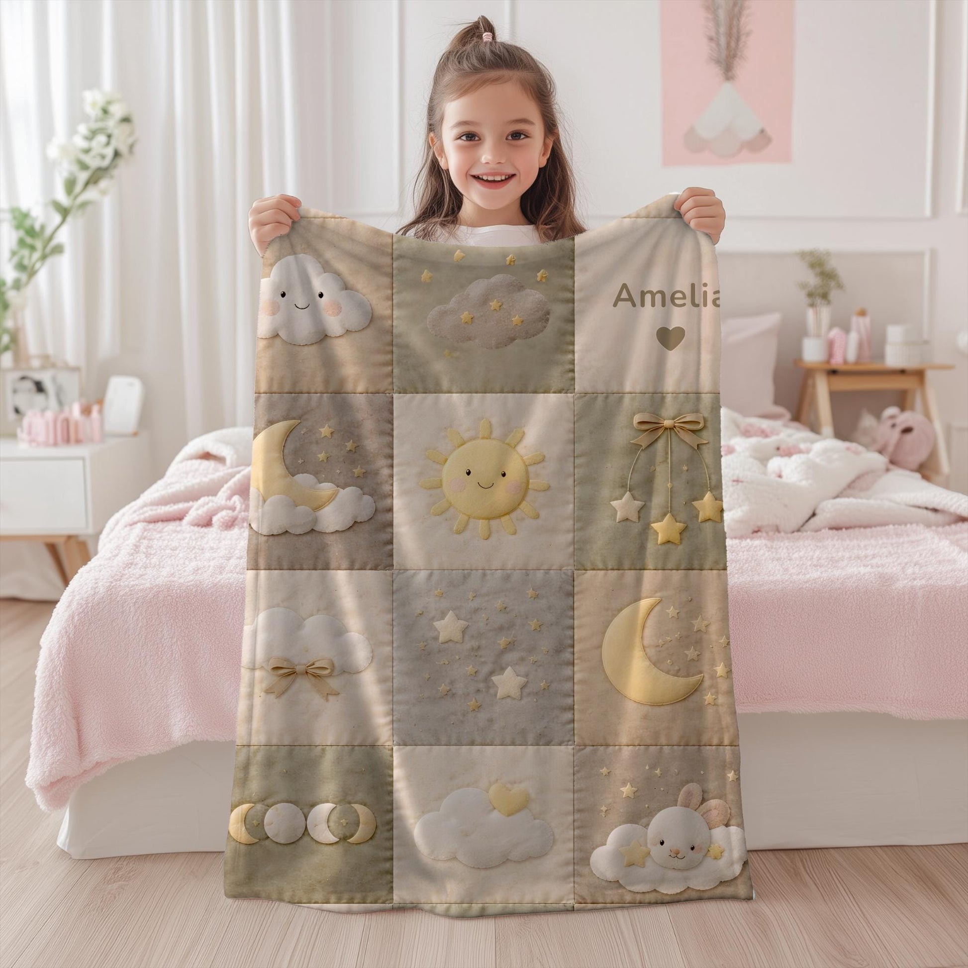 Personalized patchwork look baby blanket with clouds, sun, moon and stars in a soft quilt-style design. Neutral nursery colors with custom name.