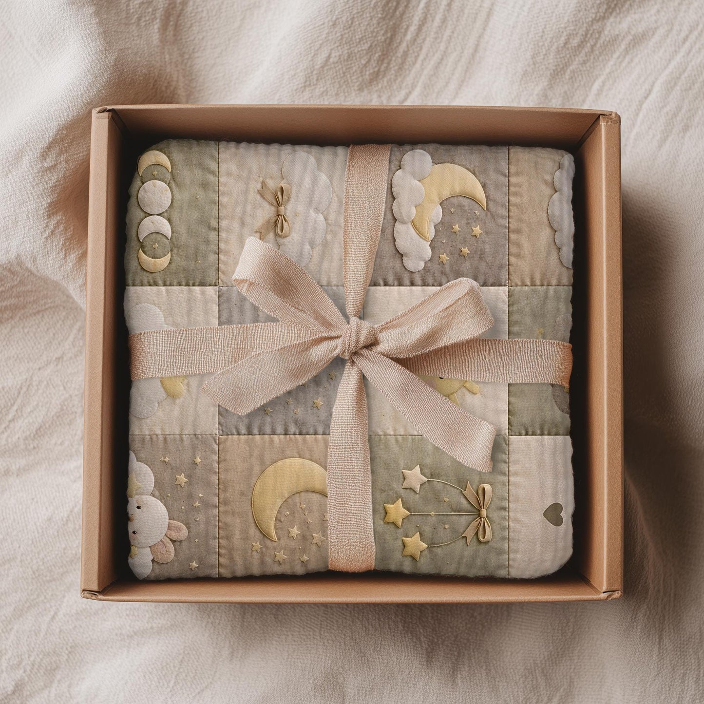 Personalized patchwork look baby blanket with clouds, sun, moon and stars in a soft quilt-style design. Neutral nursery colors with custom name.