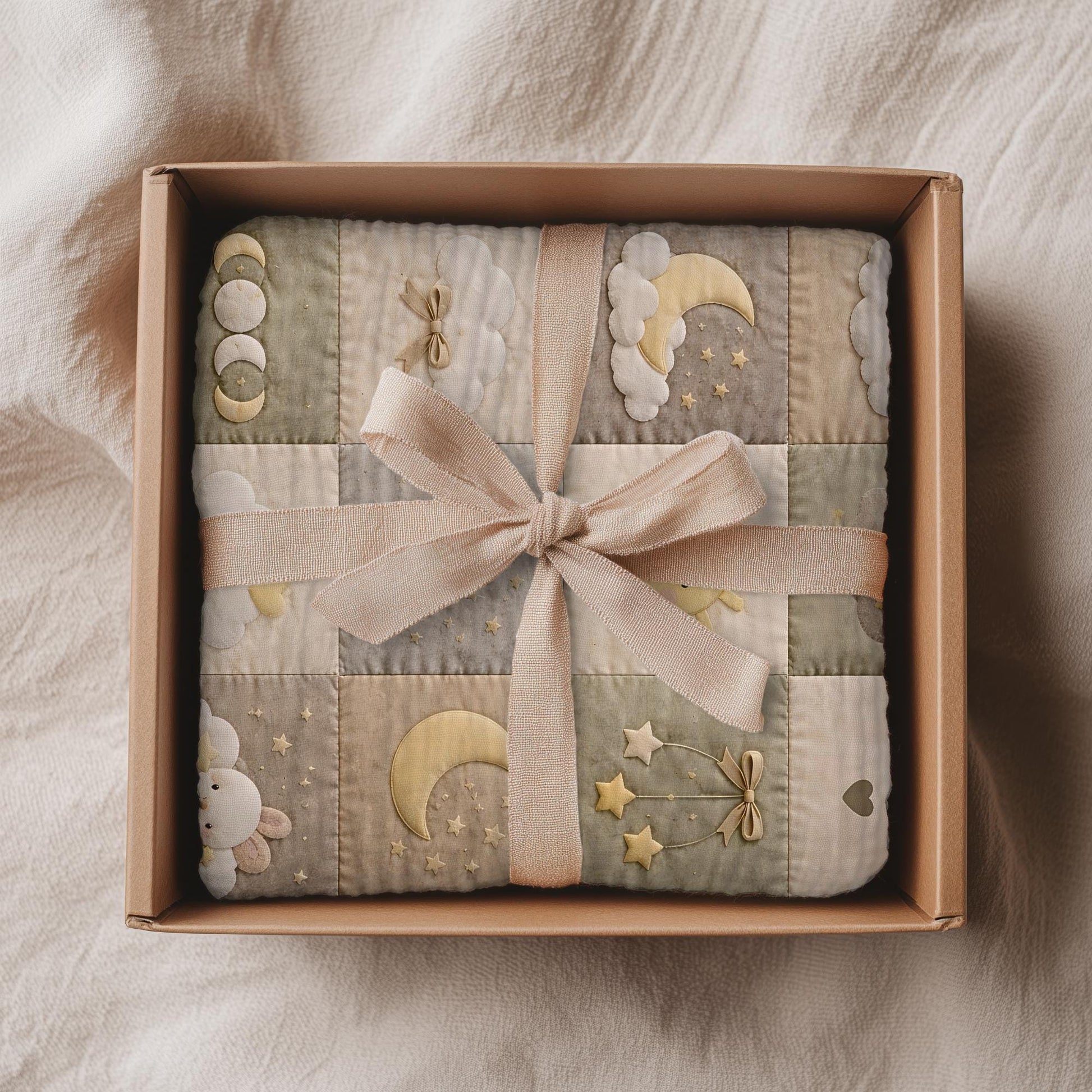 Personalized patchwork look baby blanket with clouds, sun, moon and stars in a soft quilt-style design. Neutral nursery colors with custom name.