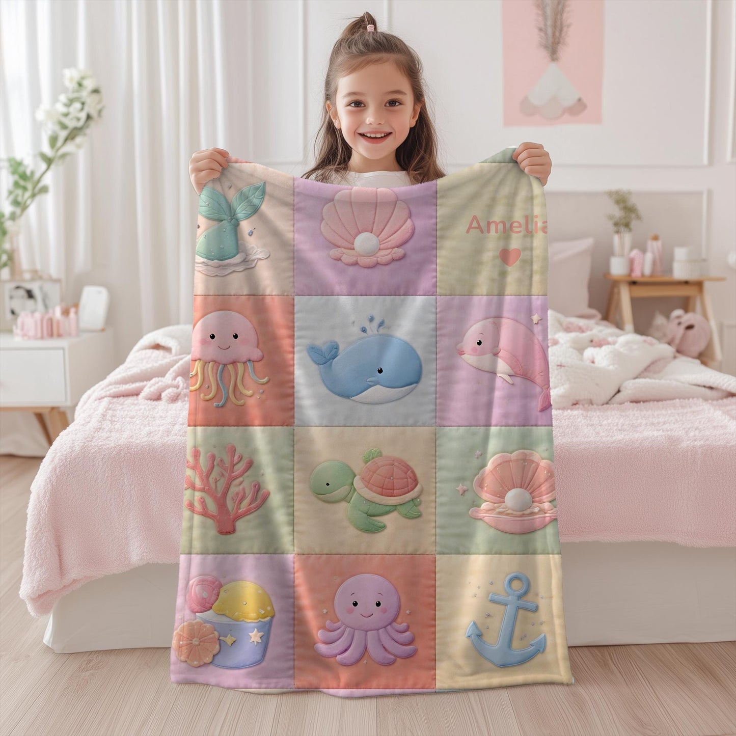 Personalized patchwork look baby blanket with mermaid and ocean animals in a soft quilt-style design. Pastel colors with custom name.
