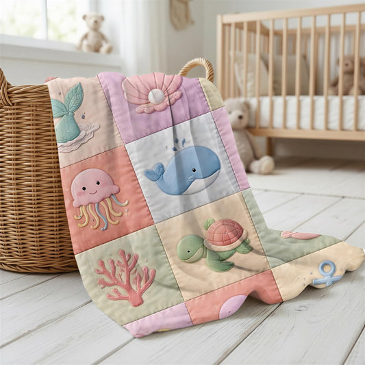Personalized patchwork look baby blanket with mermaid and ocean animals in a soft quilt-style design. Pastel colors with custom name.