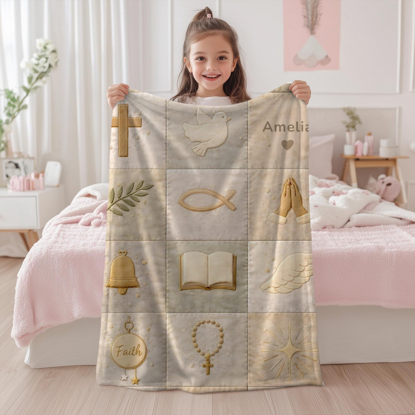Christian patchwork look baby blanket with faith symbols in a soft quilt-style design. Neutral tones, optional name, perfect baptism gift.