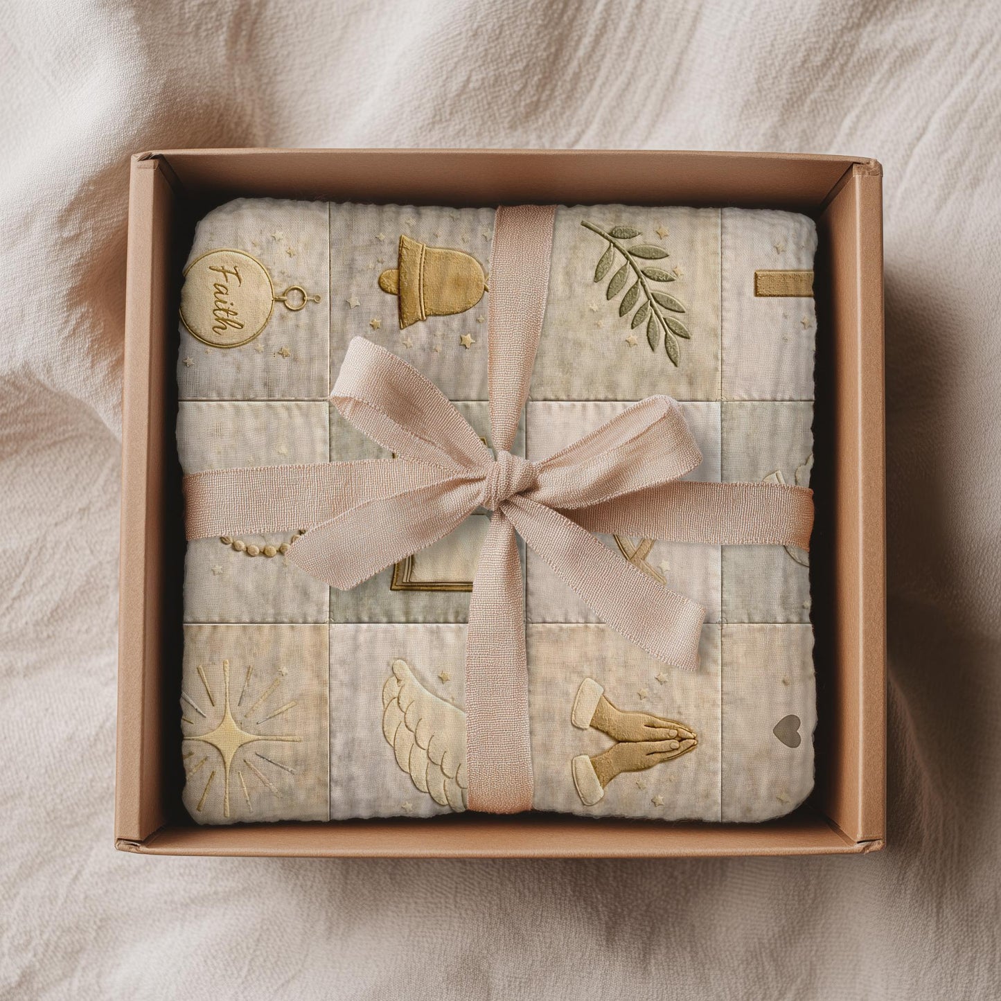 Christian patchwork look baby blanket with faith symbols in a soft quilt-style design. Neutral tones, optional name, perfect baptism gift.