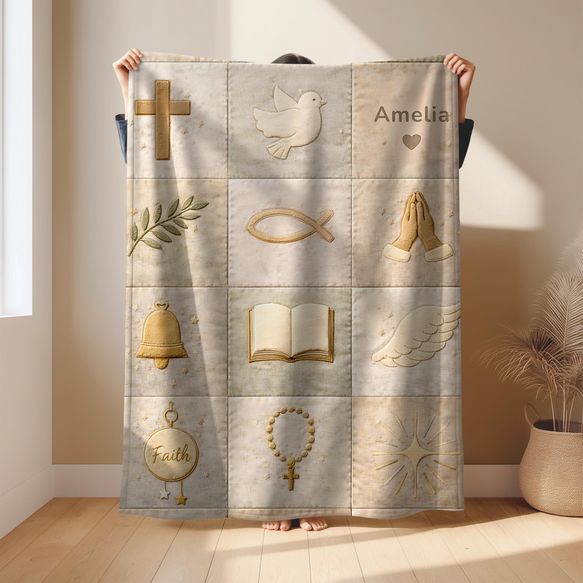 Christian patchwork look baby blanket with faith symbols in a soft quilt-style design. Neutral tones, optional name, perfect baptism gift.