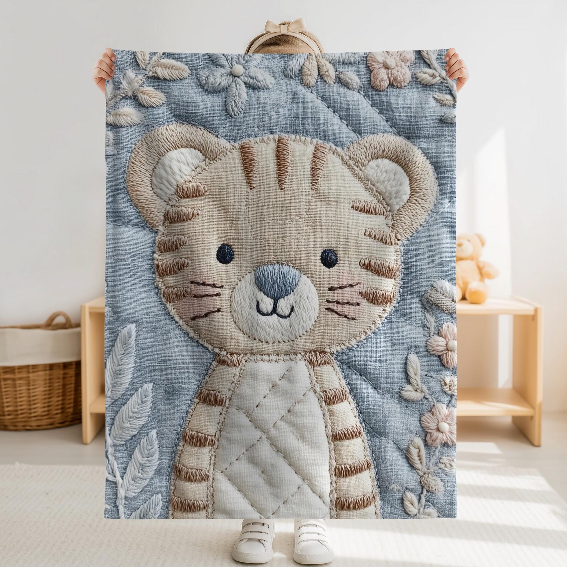 Soft embroidered-look baby blanket featuring a calm tiger motif with delicate floral details. Gentle neutral and pastel tones — a timeless boutique-style gift for modern, serene nurseries.