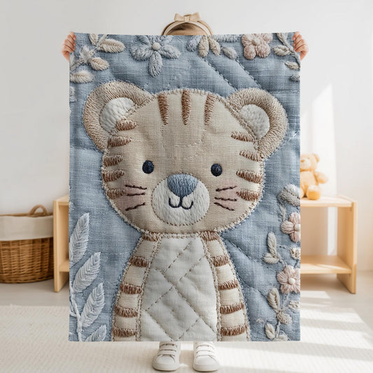 Soft embroidered-look baby blanket featuring a calm tiger motif with delicate floral details. Gentle neutral and pastel tones — a timeless boutique-style gift for modern, serene nurseries.