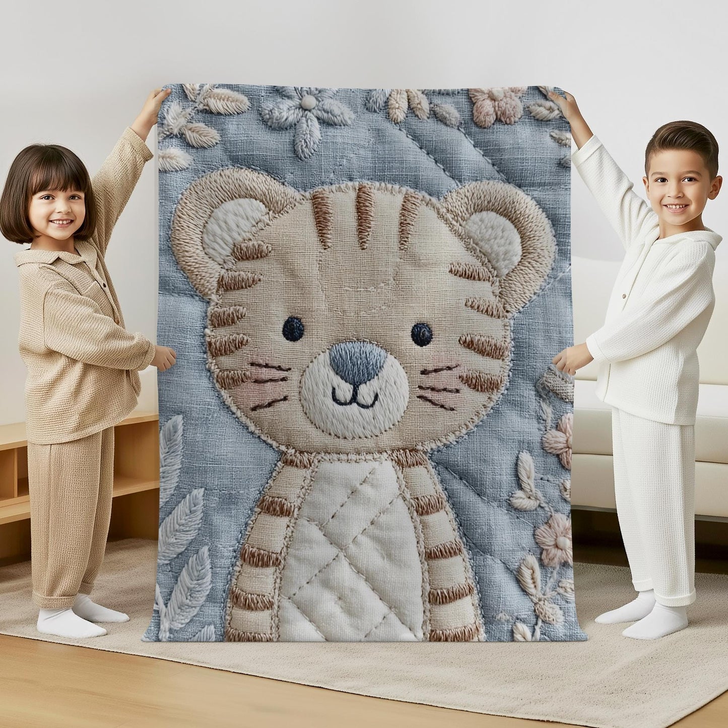 Soft embroidered-look baby blanket featuring a calm tiger motif with delicate floral details. Gentle neutral and pastel tones — a timeless boutique-style gift for modern, serene nurseries.