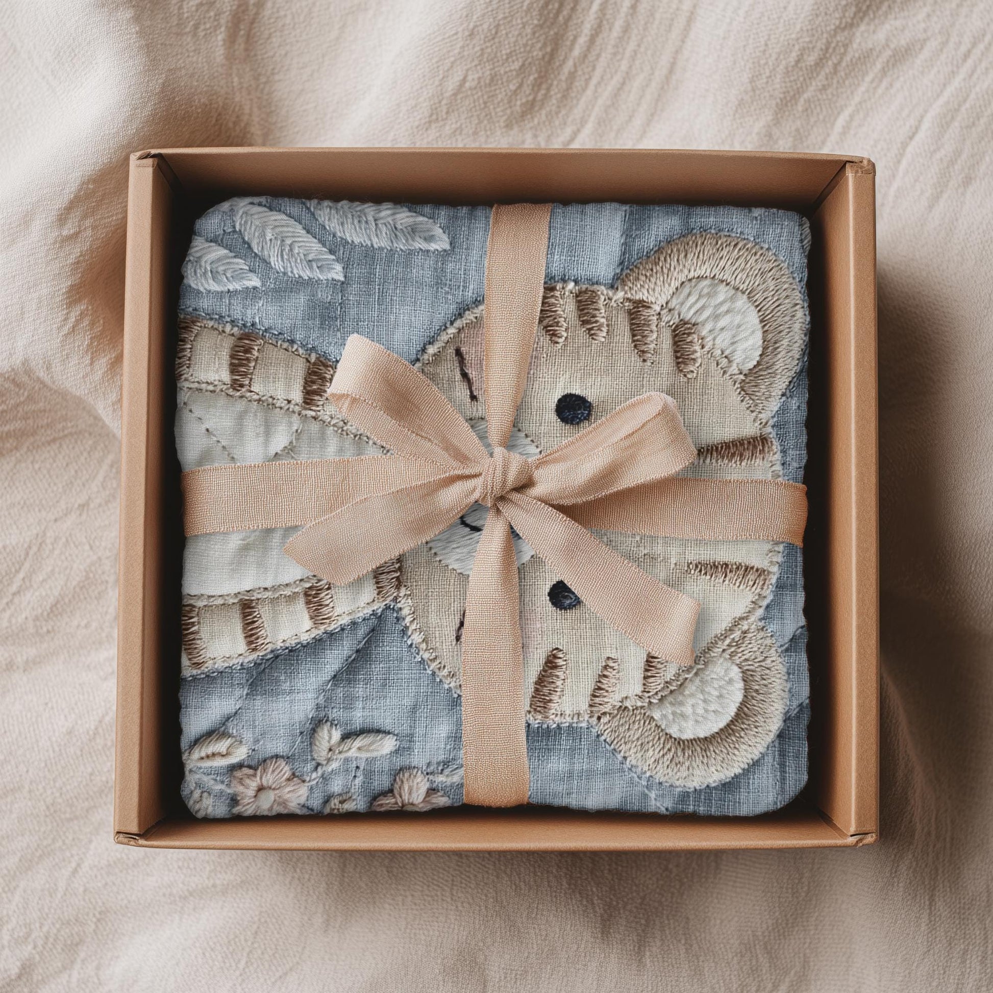 Soft embroidered-look baby blanket featuring a calm tiger motif with delicate floral details. Gentle neutral and pastel tones — a timeless boutique-style gift for modern, serene nurseries.