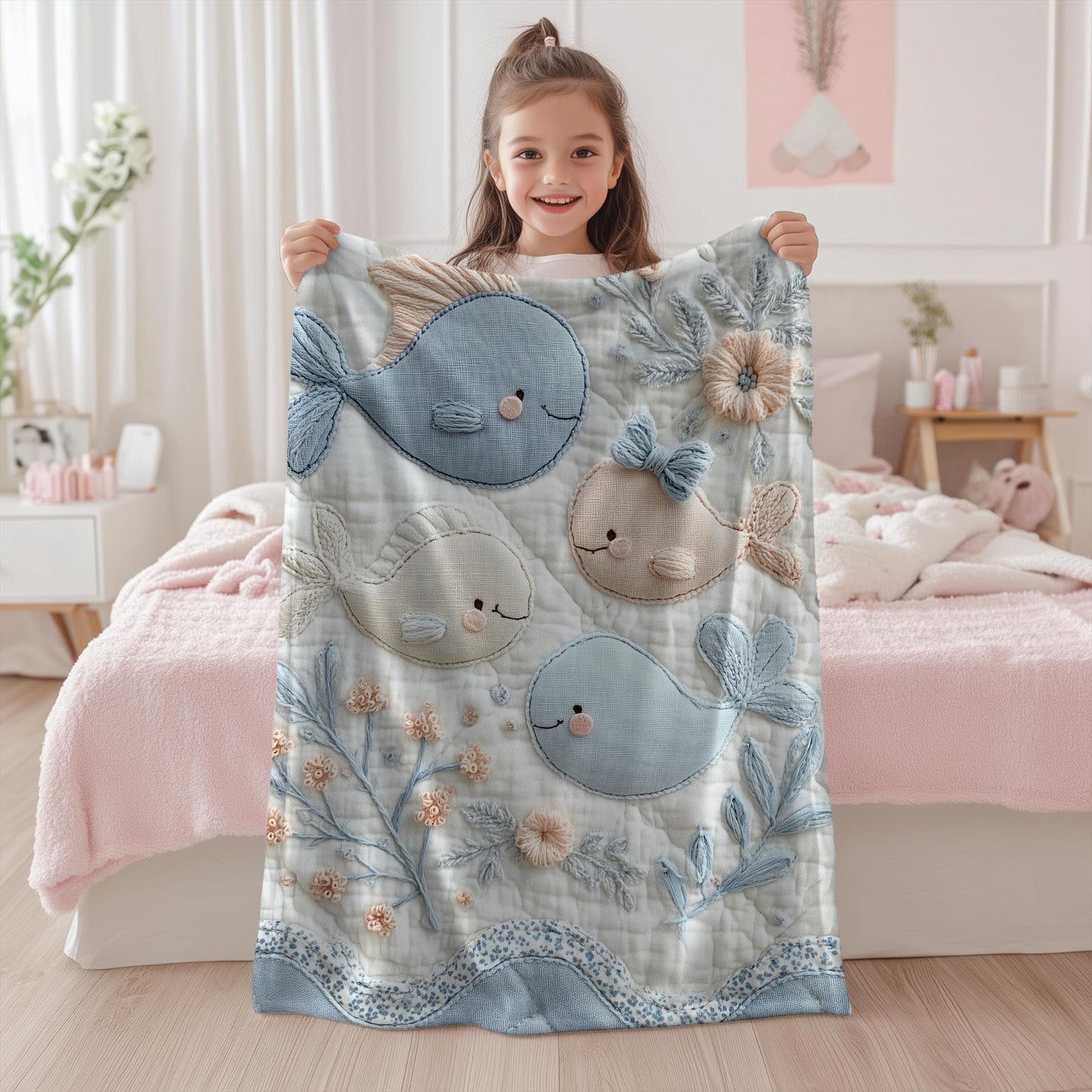 Soft embroidered-look baby blanket featuring a calm fish motif with delicate floral details. Gentle neutral and pastel tones — a timeless boutique-style gift for modern, serene nurseries.