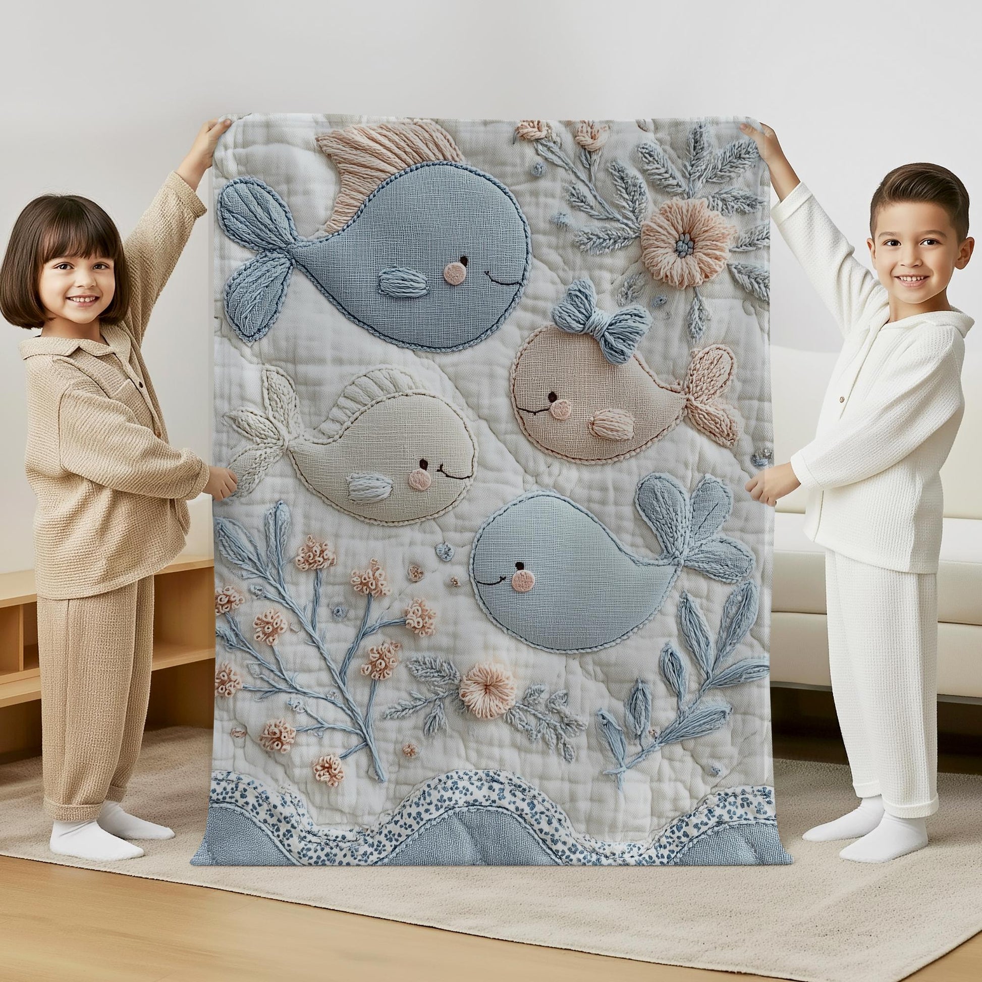 Soft embroidered-look baby blanket featuring a calm fish motif with delicate floral details. Gentle neutral and pastel tones — a timeless boutique-style gift for modern, serene nurseries.